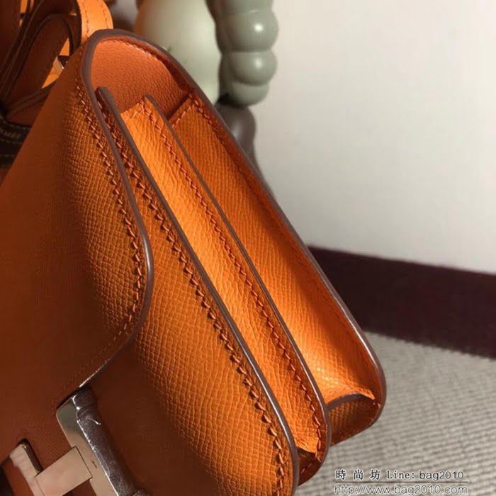 HERMES愛馬仕 空姐包 constance 橙 EPSOM 18cm 金扣扣 銀扣扣 蠟線縫製 單肩斜挎包  Ama1483